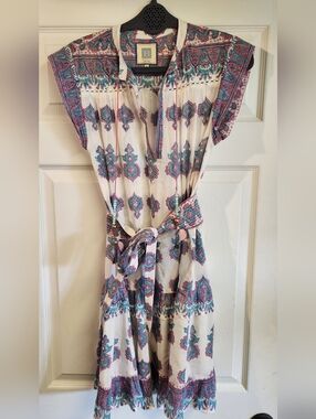 BELL By Aicia Bell Boho Printed Tie-Waist Midi Dress - White with Teal & Pink